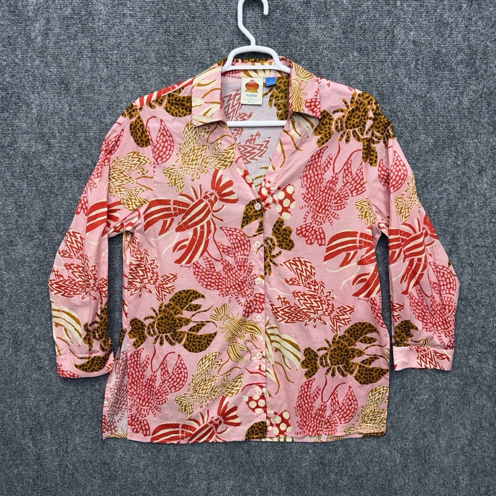 Farm Rio Anthropologie pink brown nautical button shirt top blouse women's Large